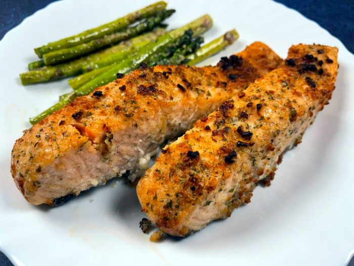 Air fryer salmon and asparagus for one