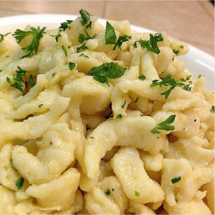 Spaetzle sauerkraut and sausage casserole