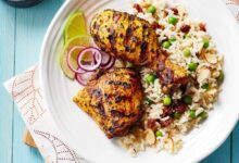 Grilled chicken veggies over rice