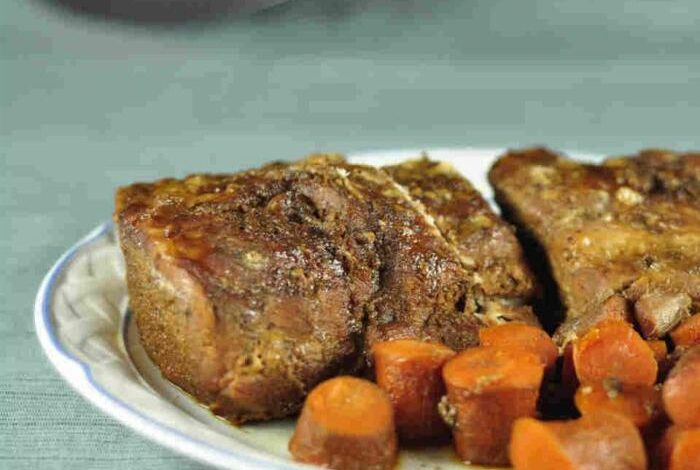 Slow cooker pork loin roast with brown sugar and sweet potatoes