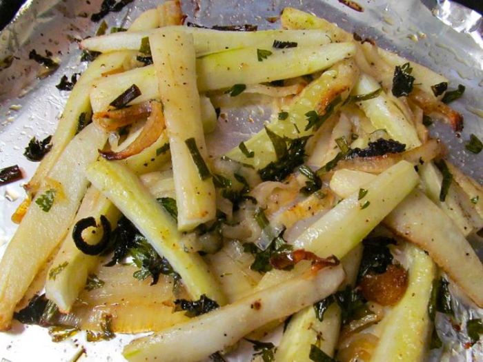 Roasted cucumbers and onions with fresh herbs