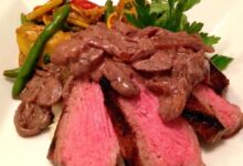 Strip steak with red wine cream sauce