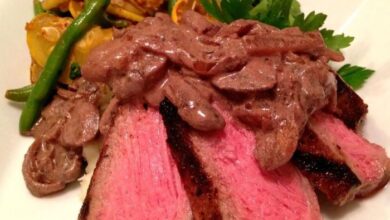 Strip steak with red wine cream sauce