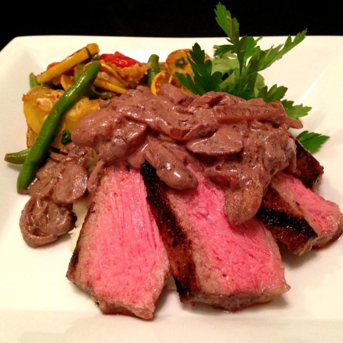 Strip steak with red wine cream sauce