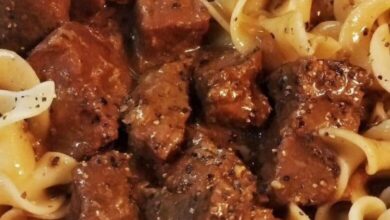 Creamy beef tips with egg noodles