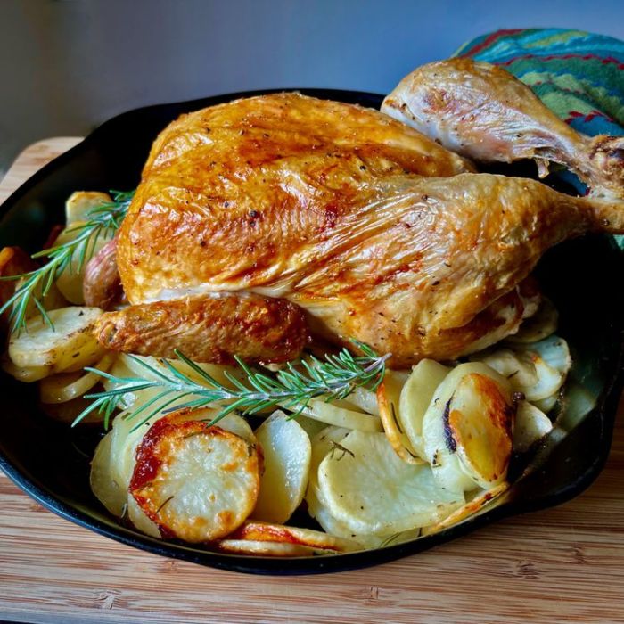 Cast iron roast chicken and potatoes