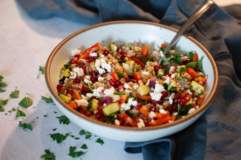 Healthy warm farro salad