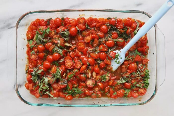 Roasted cherry tomatoes with angel hair