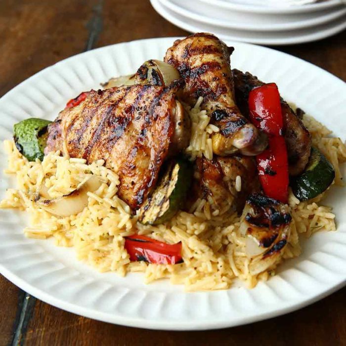 Grilled chicken veggies over rice