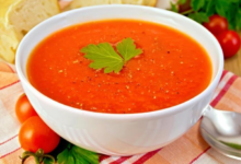 Tomato cold soup with parmesan cheese ice cream