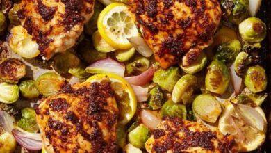 Sheet pan roasted chicken thighs with brussels sprouts