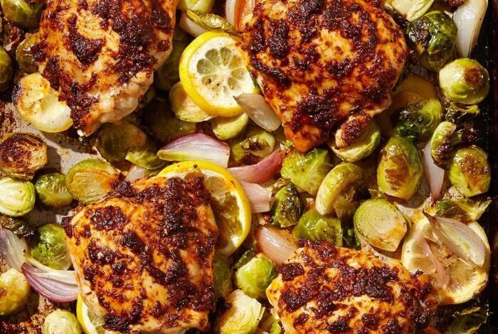 Sheet pan roasted chicken thighs with brussels sprouts