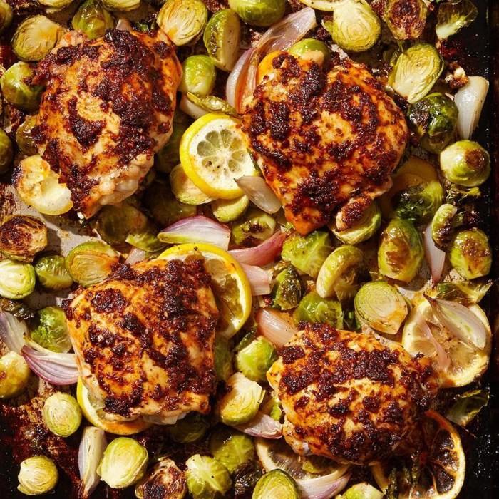 Sheet pan roasted chicken thighs with brussels sprouts