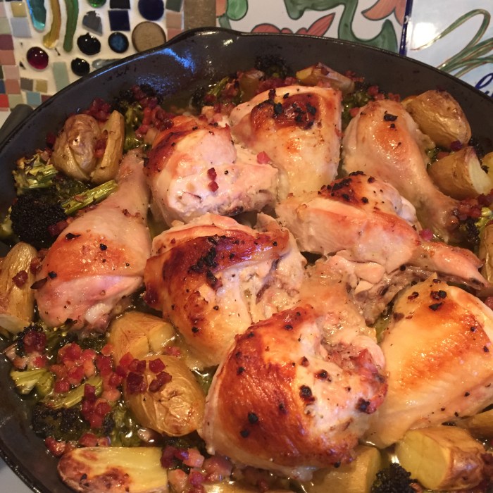 Pan roasted chicken with lemon garlic brussels sprouts and potatoes