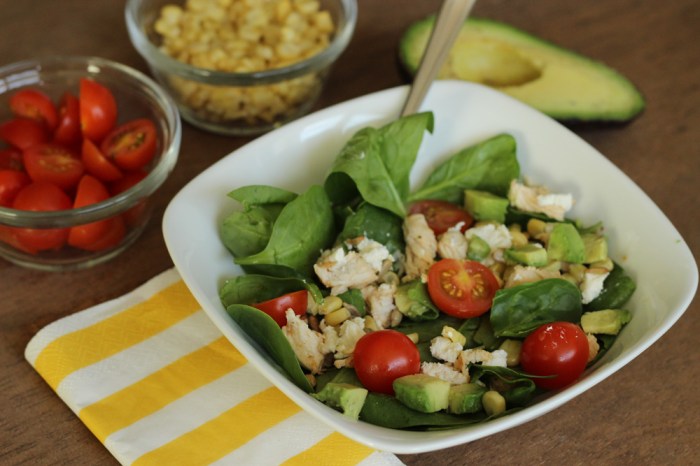 Spinach salad with chicken avocado and goat cheese