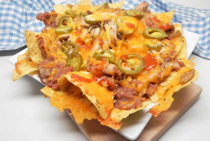 Chicken nachos with refried beans