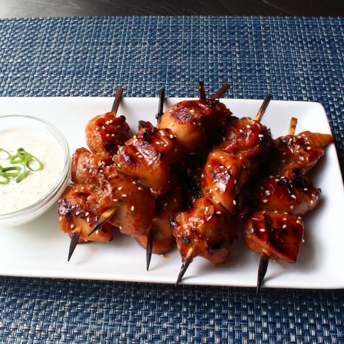 Grilled chicken teriyaki skewers with miso ranch