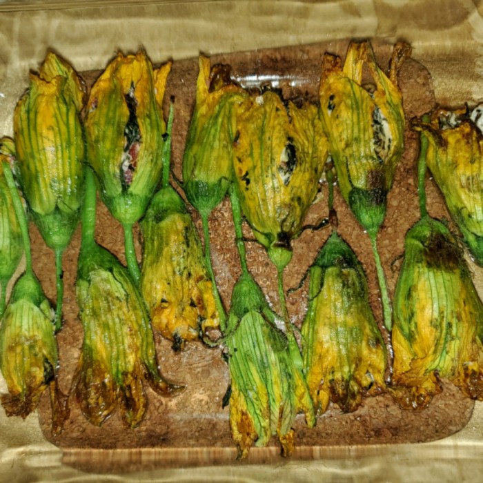 Oven roasted stuffed squash blossoms