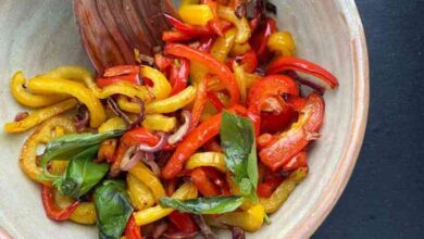 Air fried roasted sweet peppers and onions