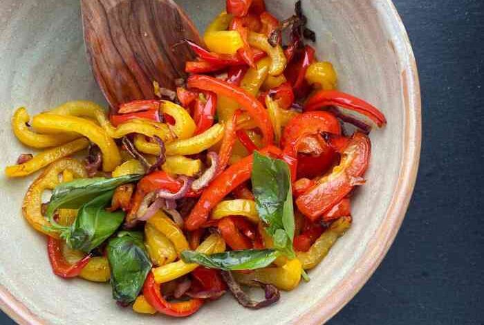 Air fried roasted sweet peppers and onions