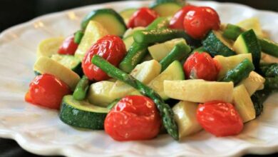 Roasted asparagus zucchini and tomatoes