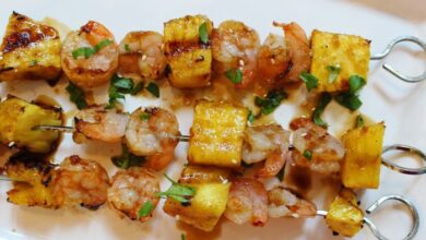 Grilled teriyaki shrimp and pineapple skewers