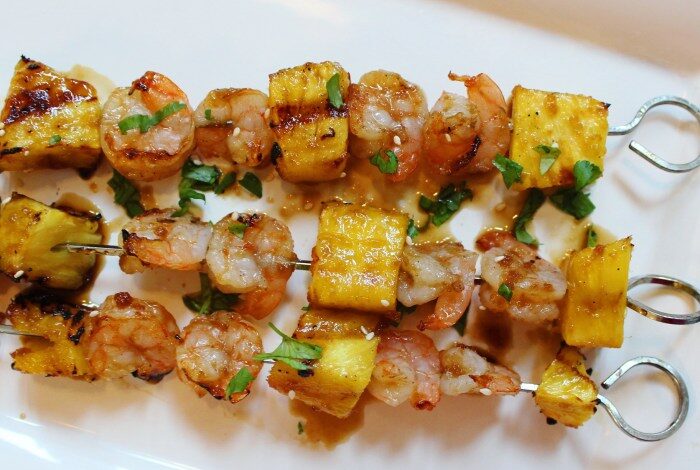 Grilled teriyaki shrimp and pineapple skewers