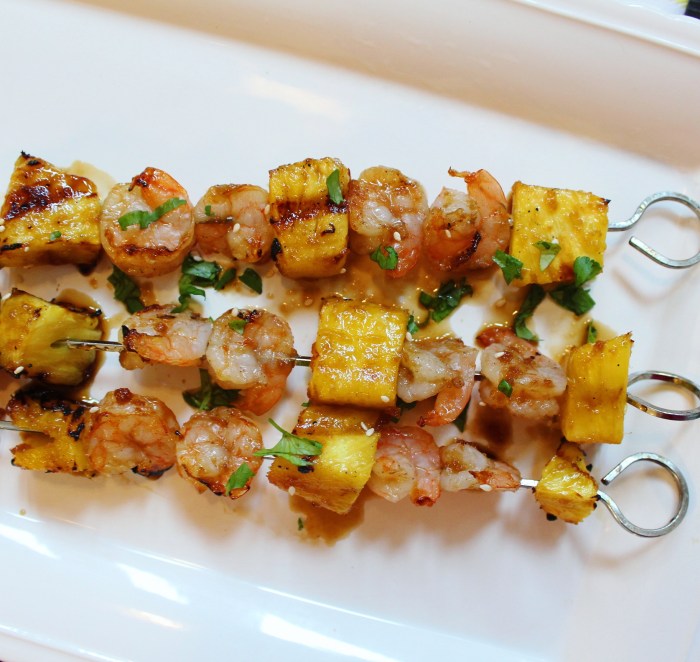 Grilled teriyaki shrimp and pineapple skewers