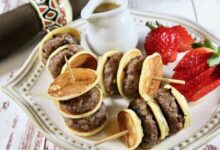 Mini sausage pancake skewers with spicy syrup