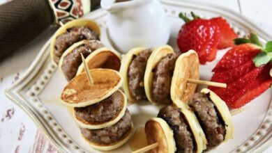 Mini sausage pancake skewers with spicy syrup