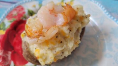 Cheesy shrimp stuffed twice baked potatoes