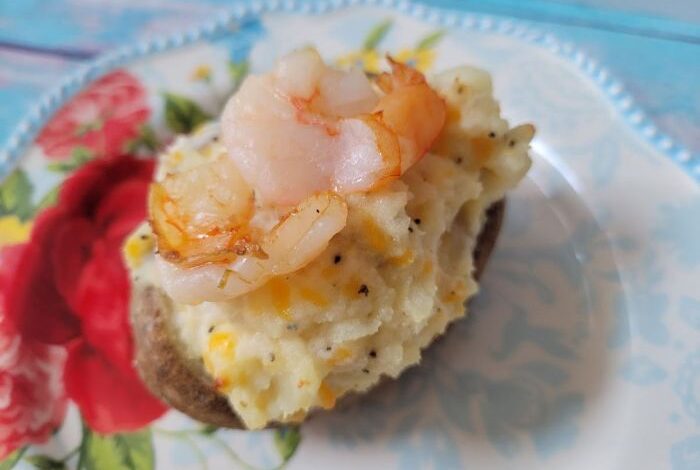 Cheesy shrimp stuffed twice baked potatoes