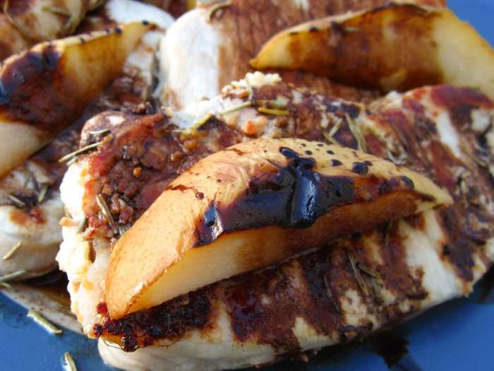 Grilled pork chops with balsamic caramelized pears