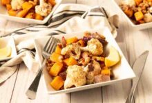 Vegetarian sheet pan dinner with chickpeas and veggies