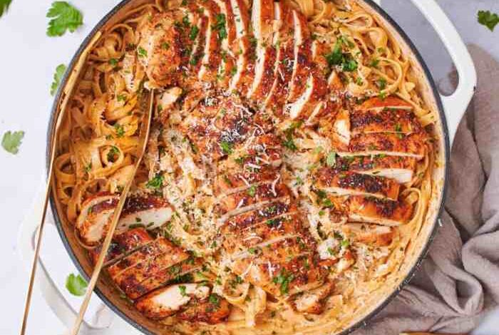 One pot cajun chicken and sausage alfredo pasta