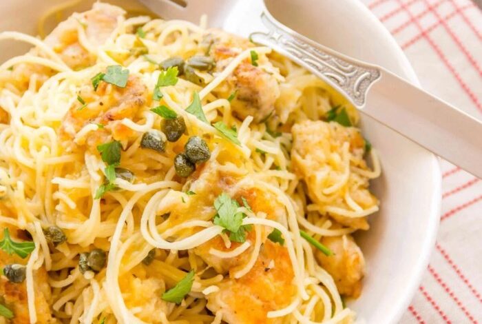 Chicken piccata with angel hair pasta