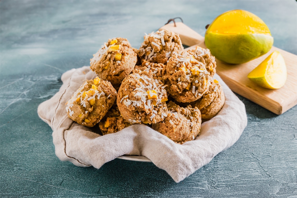 Coconut mango muffins with candied ginger
