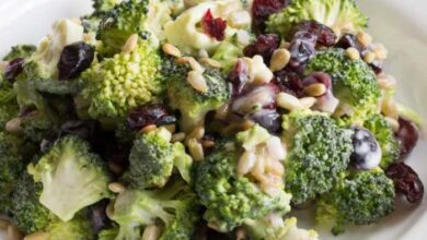 Broccoli salad with red grapes bacon and sunflower seeds