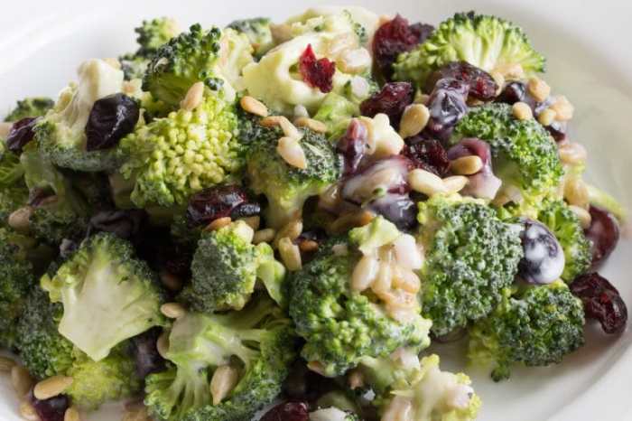 Broccoli salad with red grapes bacon and sunflower seeds