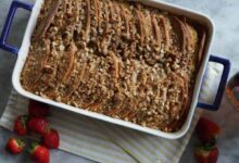 Easy overnight pancake casserole with streusel topping