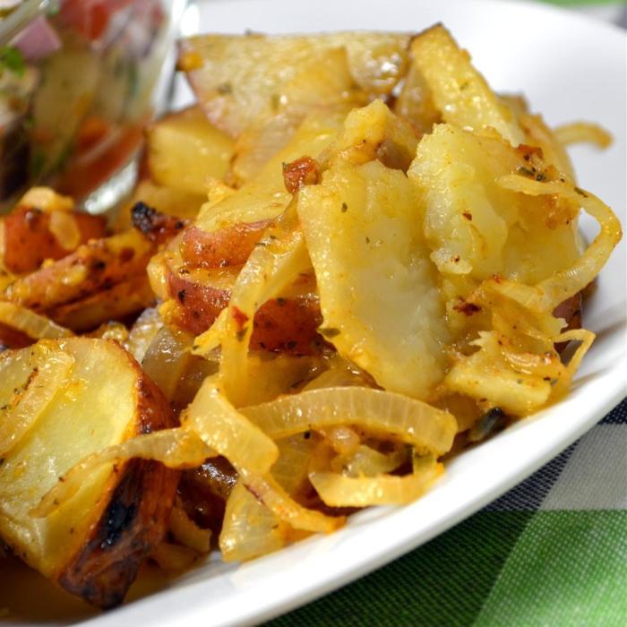 Grilled potatoes and onion