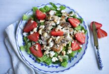 Strawberry feta chicken salad with roasted strawberry balsamic dressing