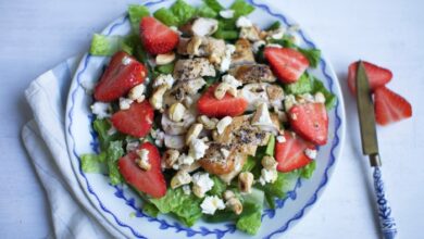 Strawberry feta chicken salad with roasted strawberry balsamic dressing