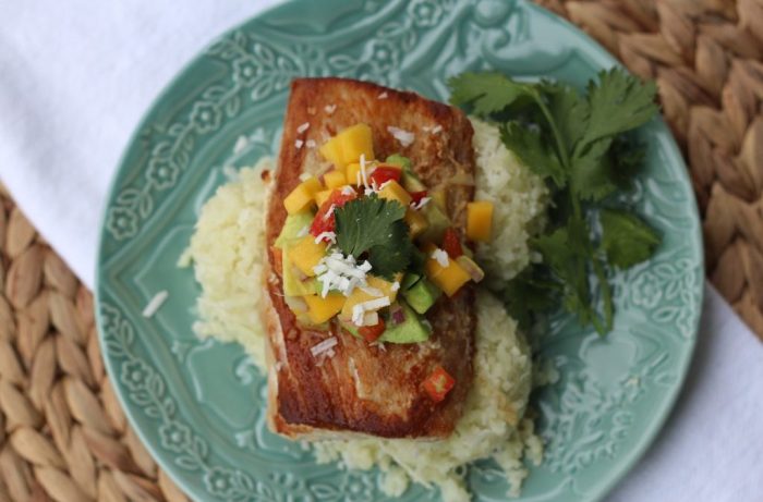 Mahi salsa mango papaya seared pan rice coconut fruit recipes fish tasteslovely tropical recipe dinner mahimahi crispy butter plate vacation