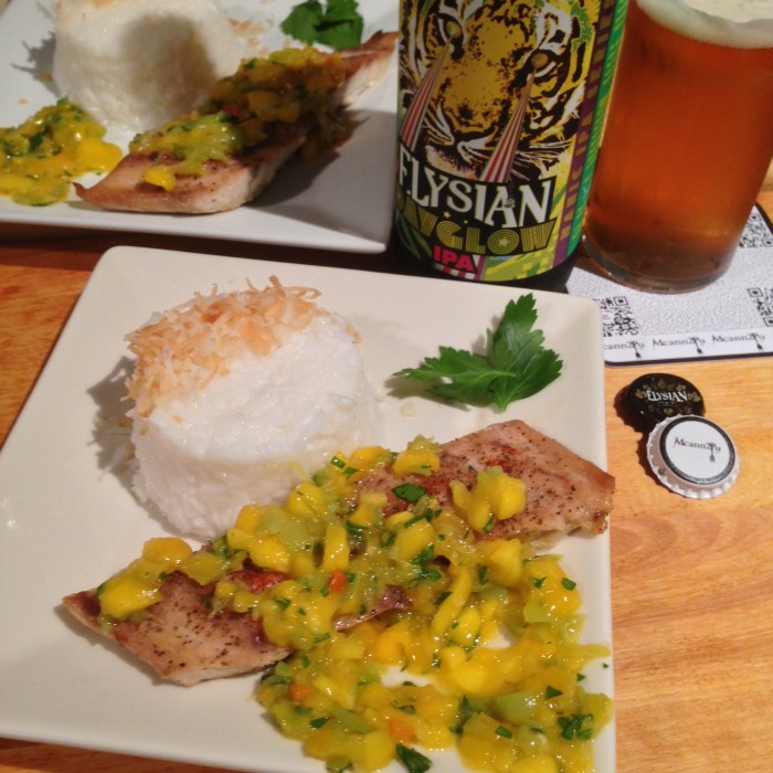 Mahi mahi with coconut rice and mango salsa