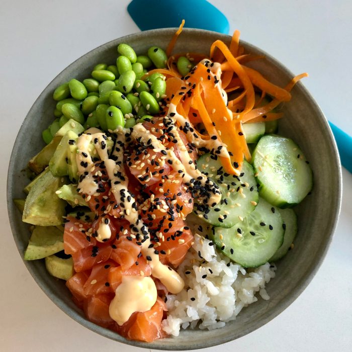 Poke salmon bowls paleo toppings deliciouslyorganic