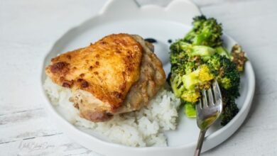 Baked lemon pepper chicken thighs and rice