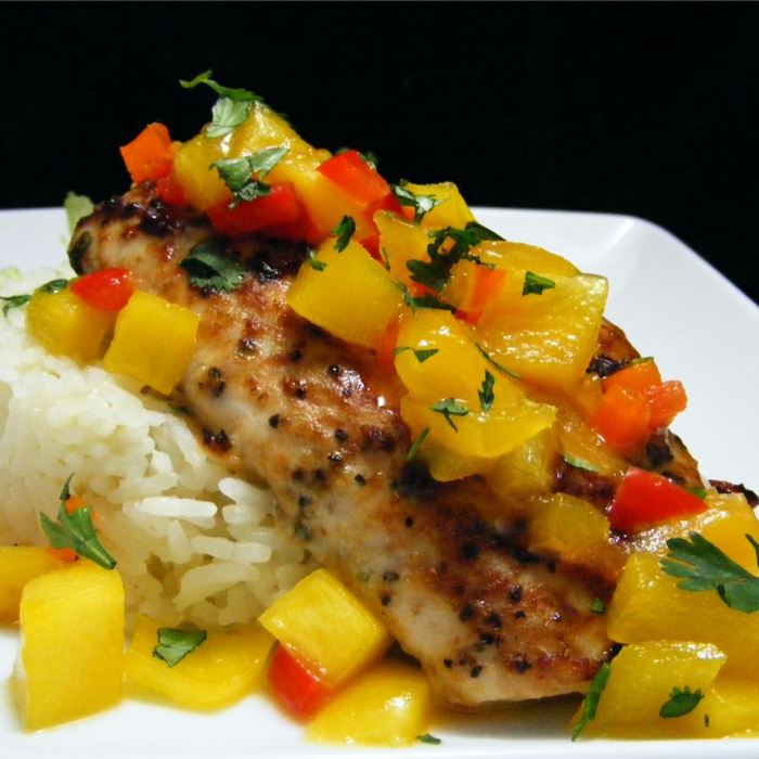 Mahi mahi with coconut rice and mango salsa