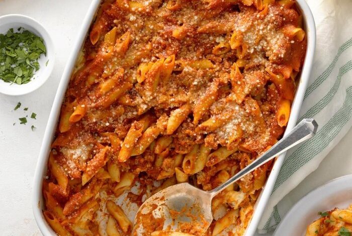 Easy pasta bake with mostaccioli and meatballs