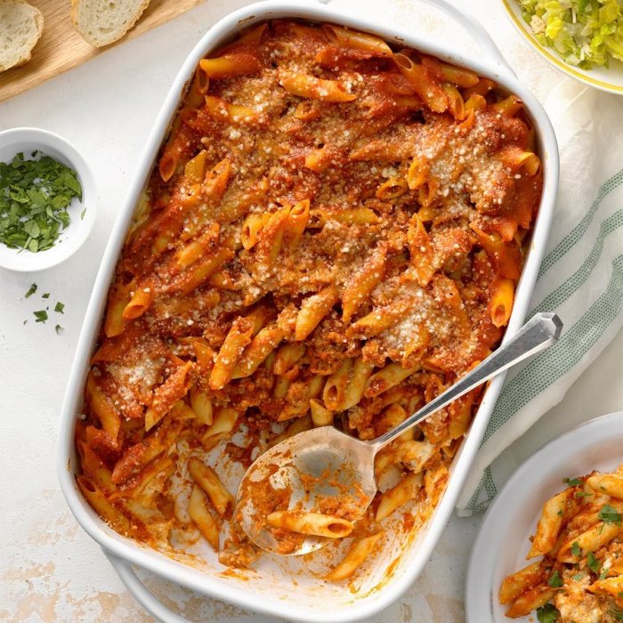 Easy pasta bake with mostaccioli and meatballs